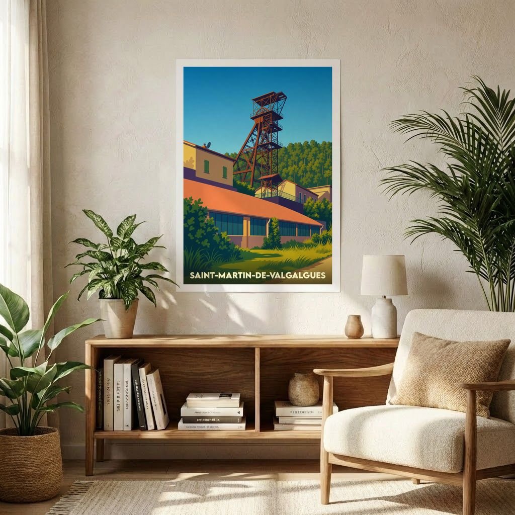 Affiche souvenir de la ville de Saint-Martin-de-Valgalgues représentant son patrimoine industriel avec une illustration stylisée.