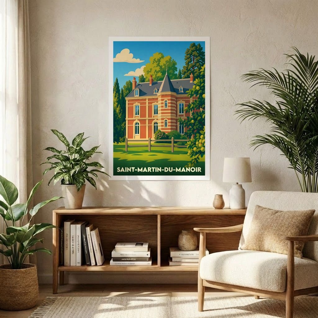 Affiche souvenir de la ville de Saint-Martin-du-Manoir représentant un manoir entouré de verdure dans un style vintage.
