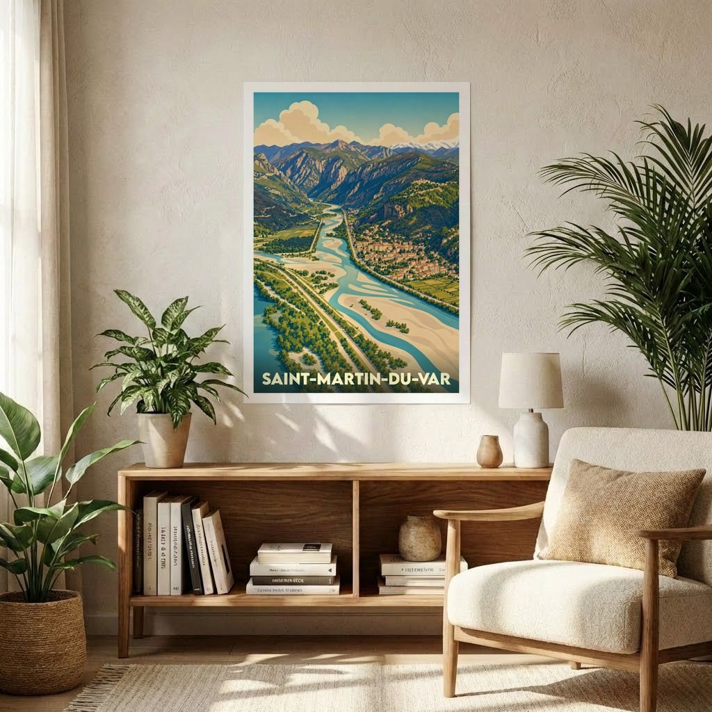 Affiche souvenir de la ville de Saint-Martin-du-Var présentant une illustration stylisée d'un paysage de vallée.
