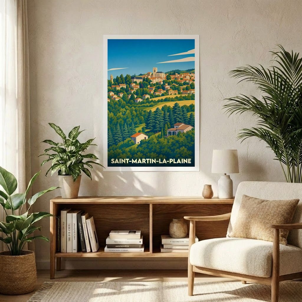 Affiche souvenir de la ville de Saint-Martin-la-Plaine avec une illustration stylisée de son paysage vallonné.
