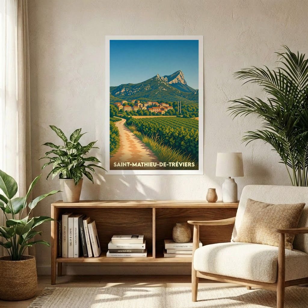 Affiche souvenir de la ville de Saint-Mathieu-de-Tréviers représentant le Pic Saint-Loup et son vignoble dans un style graphique rétro.