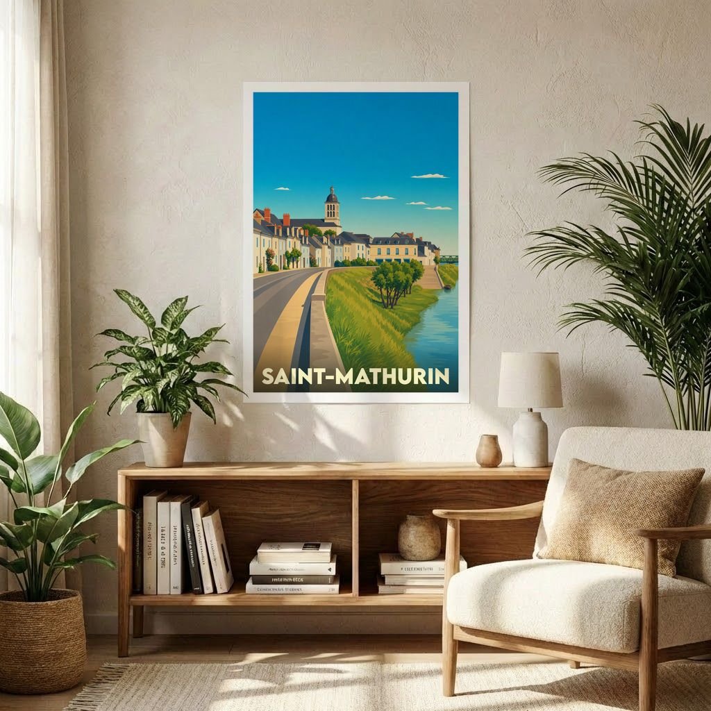 Affiche souvenir de la ville de Saint-Mathurin avec une illustration stylisée d'un paysage de bord de Loire.