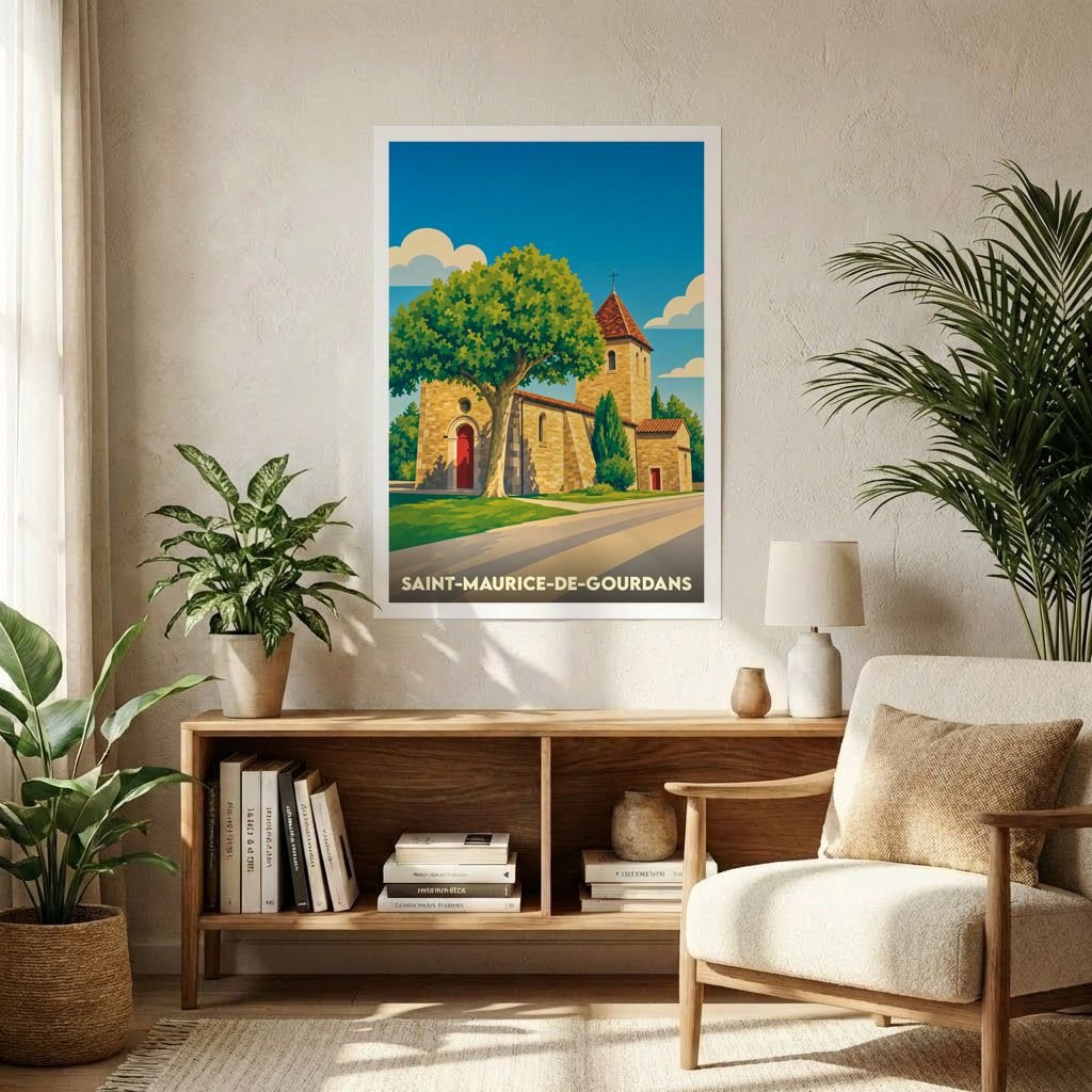 Affiche souvenir de la ville de Saint-Maurice-de-Gourdans avec une illustration stylisée de son église sous un grand arbre.