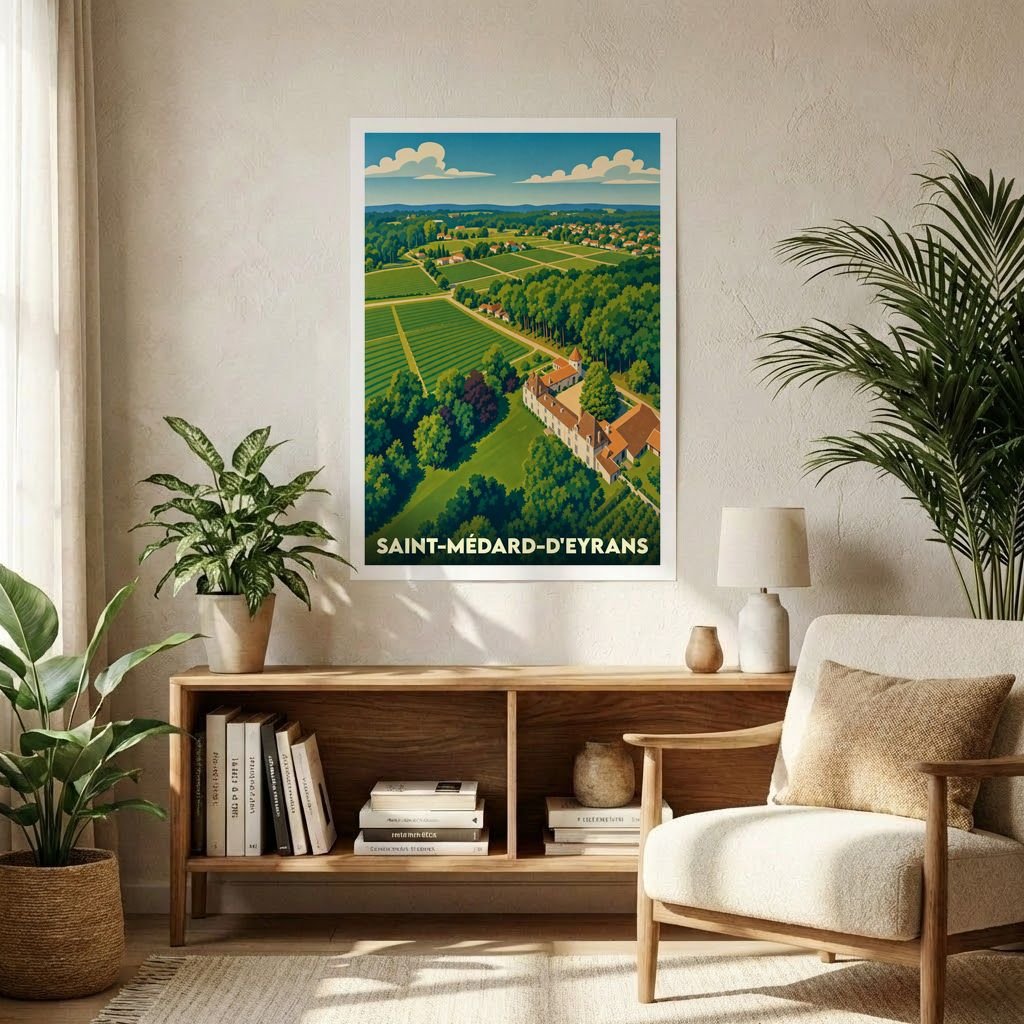 Affiche souvenir de la ville de Saint-Médard-d'Eyrans avec une illustration paysagère stylisée.