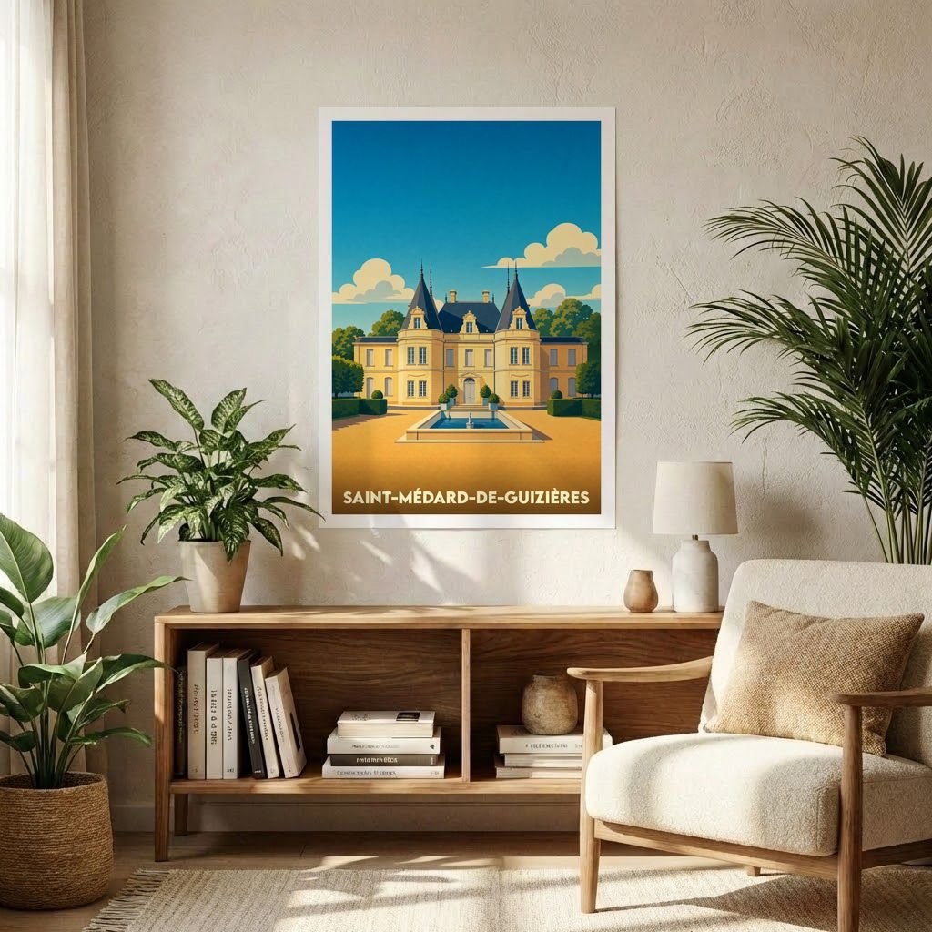Affiche souvenir de la ville de Saint-Médard-de-Guizières avec une illustration stylisée d'un château.