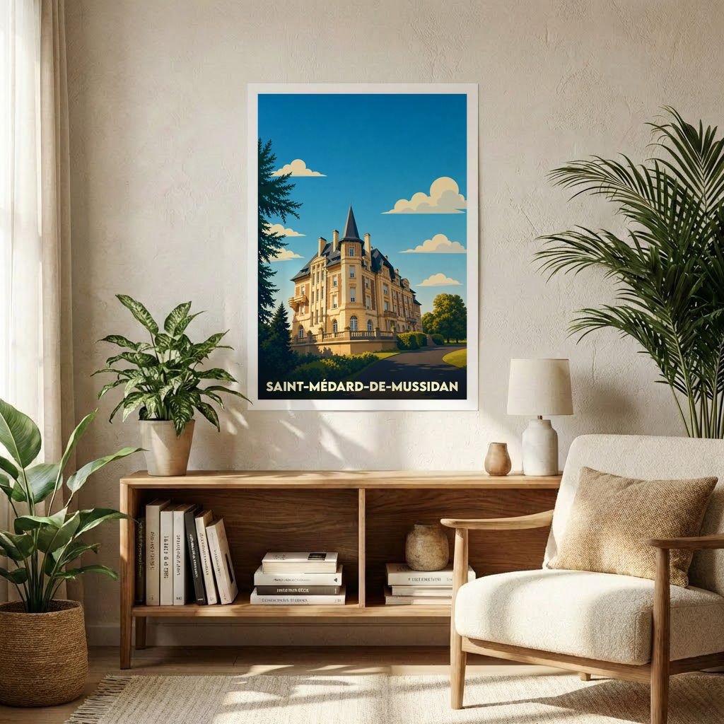 Affiche souvenir de la ville de Saint-Médard-de-Mussidan avec une illustration stylisée d'un château.