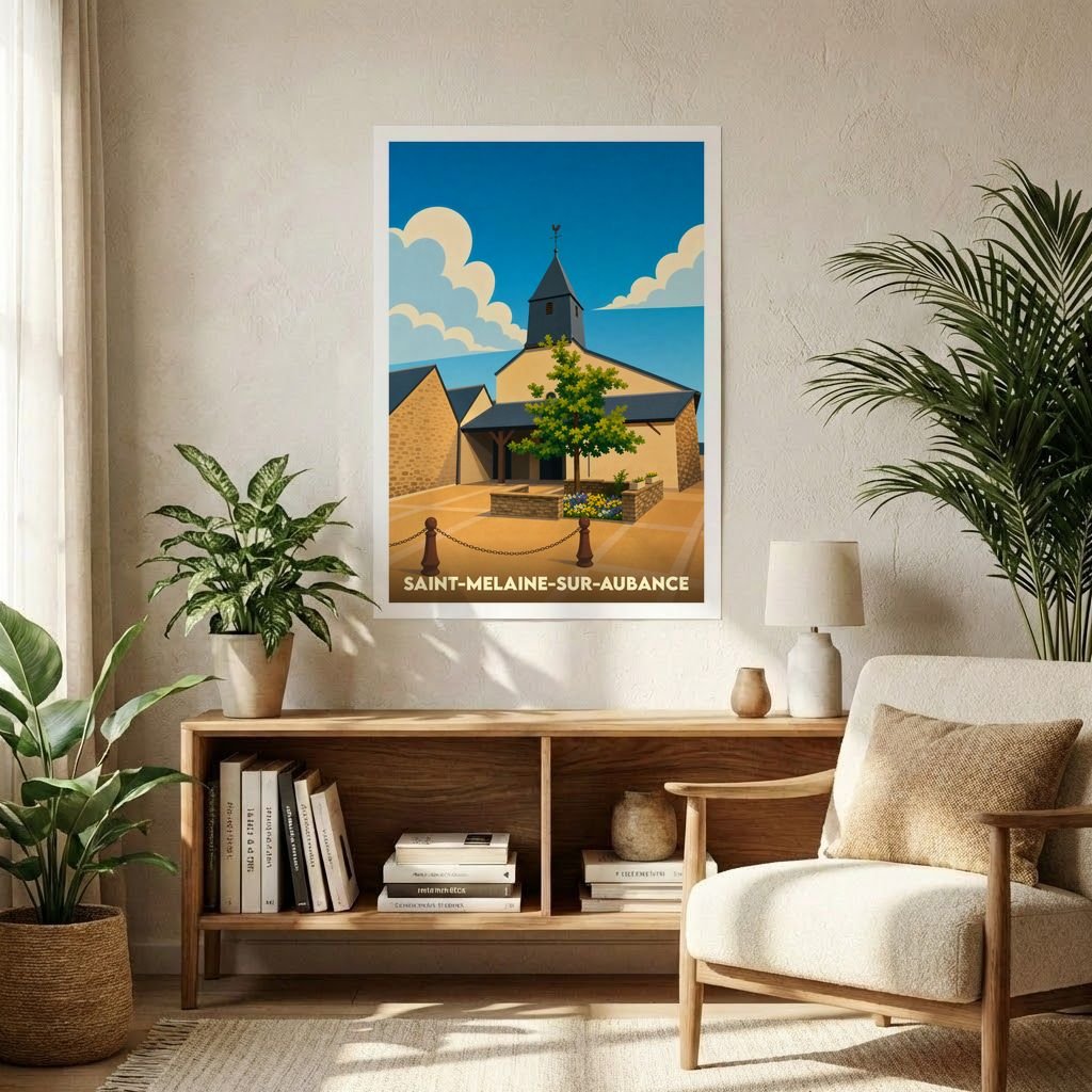 Affiche souvenir de la ville de Saint-Melaine-sur-Aubance avec une illustration stylisée de son église et de sa place.