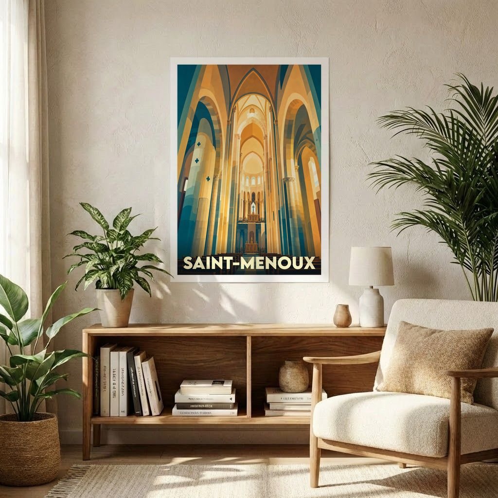 Affiche souvenir de la ville de Saint-Menoux représentant l'intérieur d'une église dans un style graphique épuré.