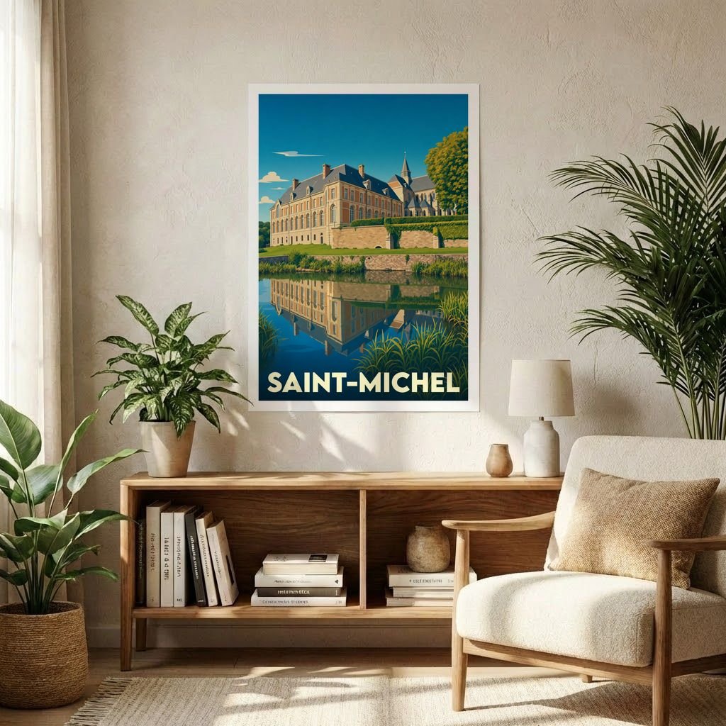 Affiche souvenir de la ville de Saint-Michel représentant un château et son reflet sur l'eau dans un style graphique.