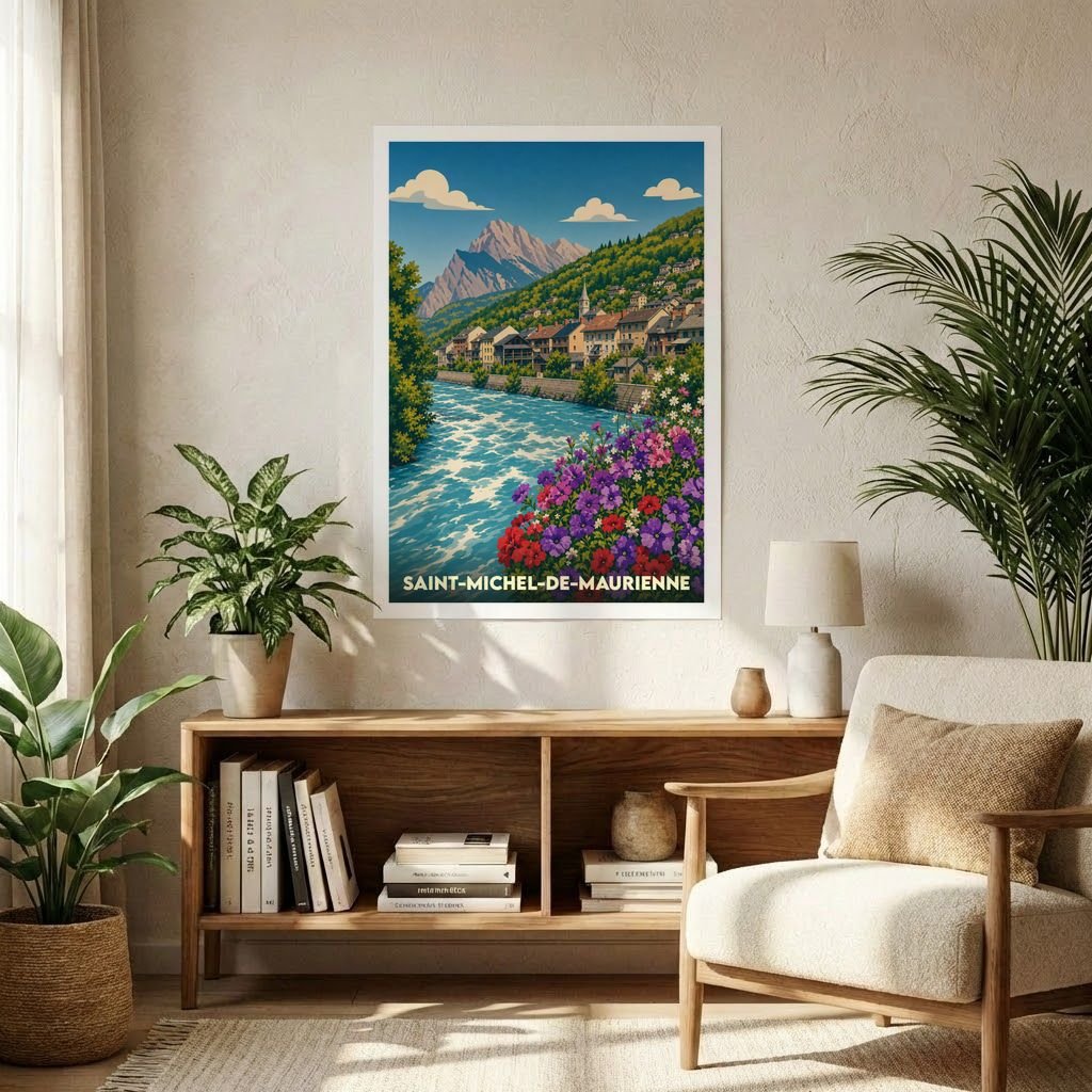 Affiche souvenir de la ville de Saint-Michel-de-Maurienne avec une illustration stylisée et colorée.