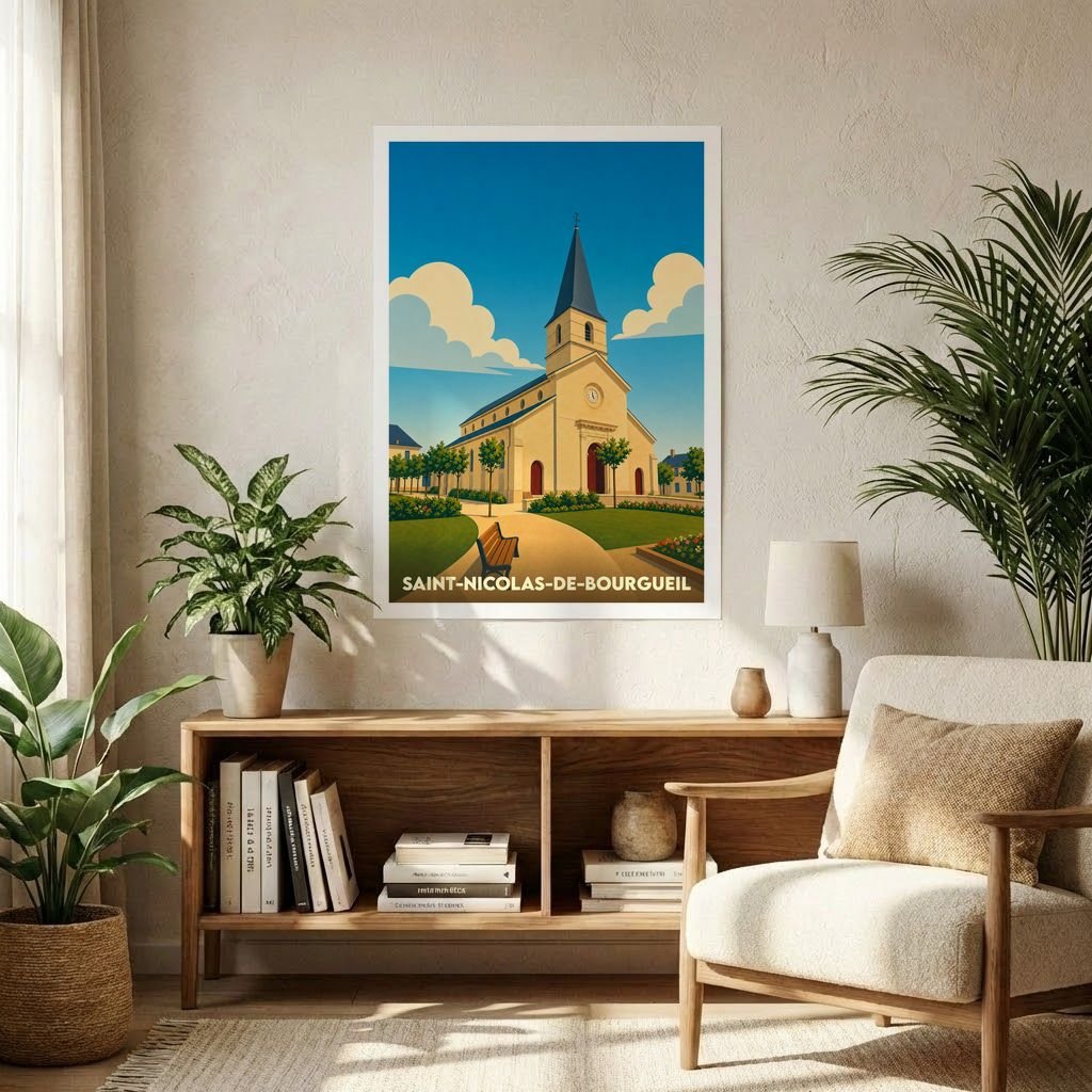 Affiche souvenir de la ville de Saint-Nicolas-de-Bourgueil avec une illustration stylisée de son église.