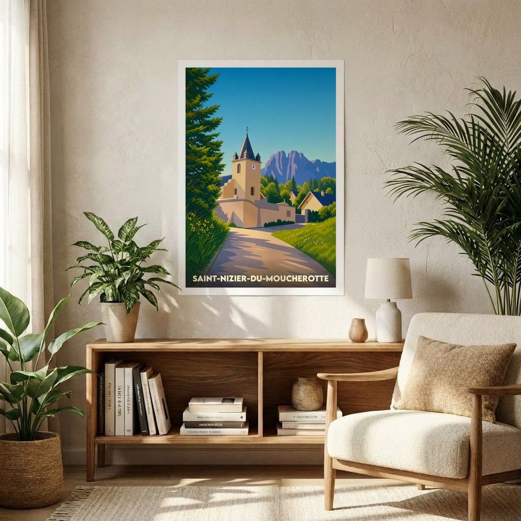 Affiche souvenir de la ville de Saint-Nizier-du-Moucherotte avec une illustration stylisée d'un clocher et de montagnes.