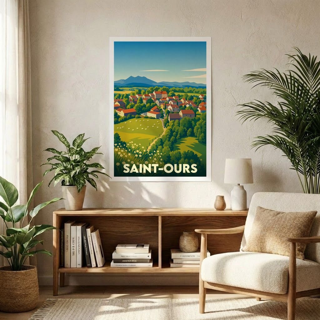 Affiche souvenir de la ville de Saint-Ours avec une illustration stylisée de son paysage rural.