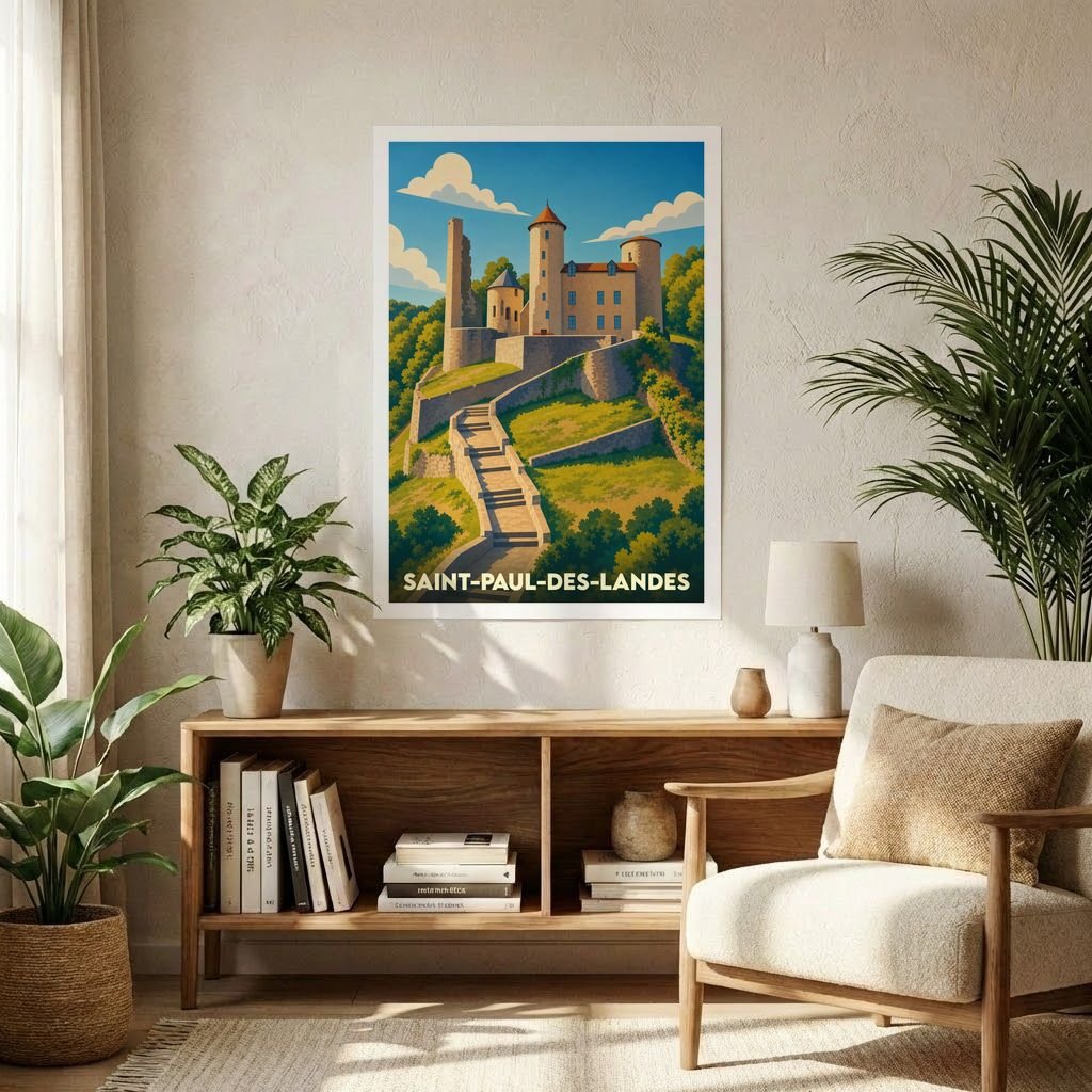 Affiche souvenir de la ville de Saint-Paul-des-Landes avec une illustration stylisée de son château.