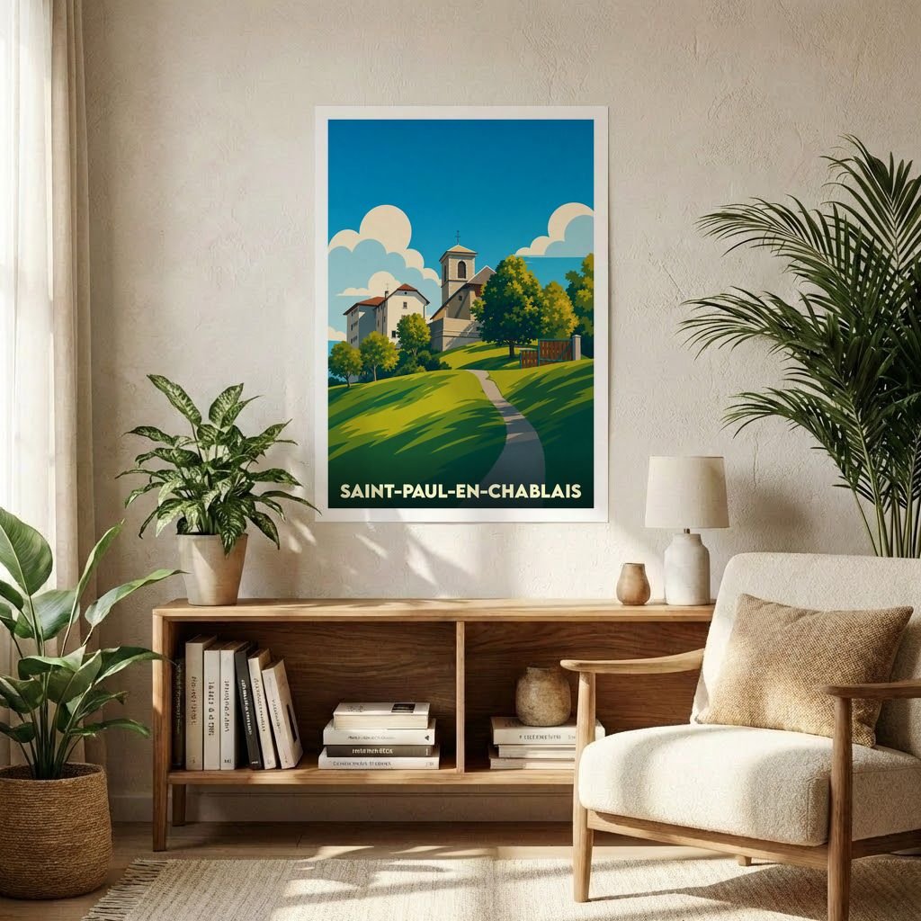 Affiche souvenir de la ville de Saint-Paul-en-Chablais avec une illustration stylisée de son église et de son paysage verdoyant.