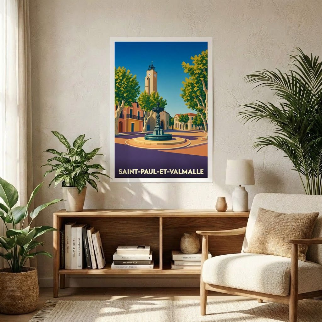 Affiche souvenir de la ville de Saint-Paul-et-Valmalle avec une illustration stylisée d'une place ensoleillée et de sa fontaine.
