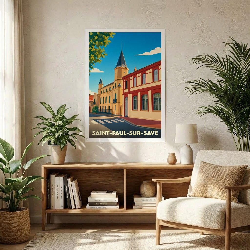 Affiche souvenir de la ville de Saint-Paul-sur-Save avec une illustration stylisée.