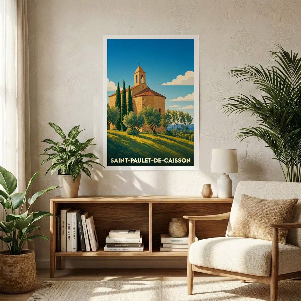 Affiche souvenir de la ville de Saint-Paulet-de-Caisson illustrant une chapelle provençale sous un ciel azur.