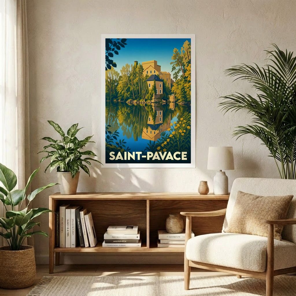 Affiche souvenir de la ville de Saint-Pavace illustrant un bâtiment historique se reflétant dans l'eau.