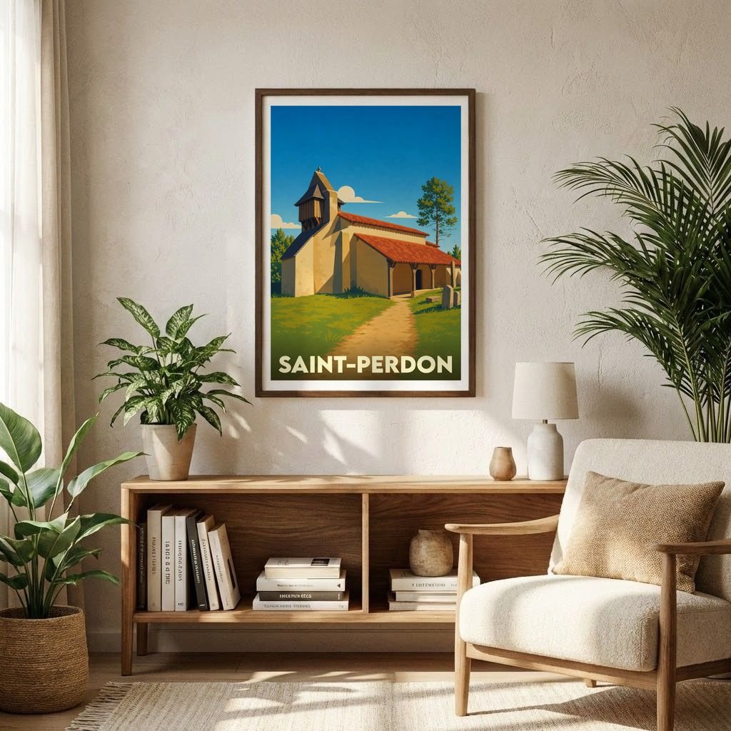 Affiche souvenir de la ville de Saint-Perdon avec une illustration stylisée de son église sous un ciel bleu.