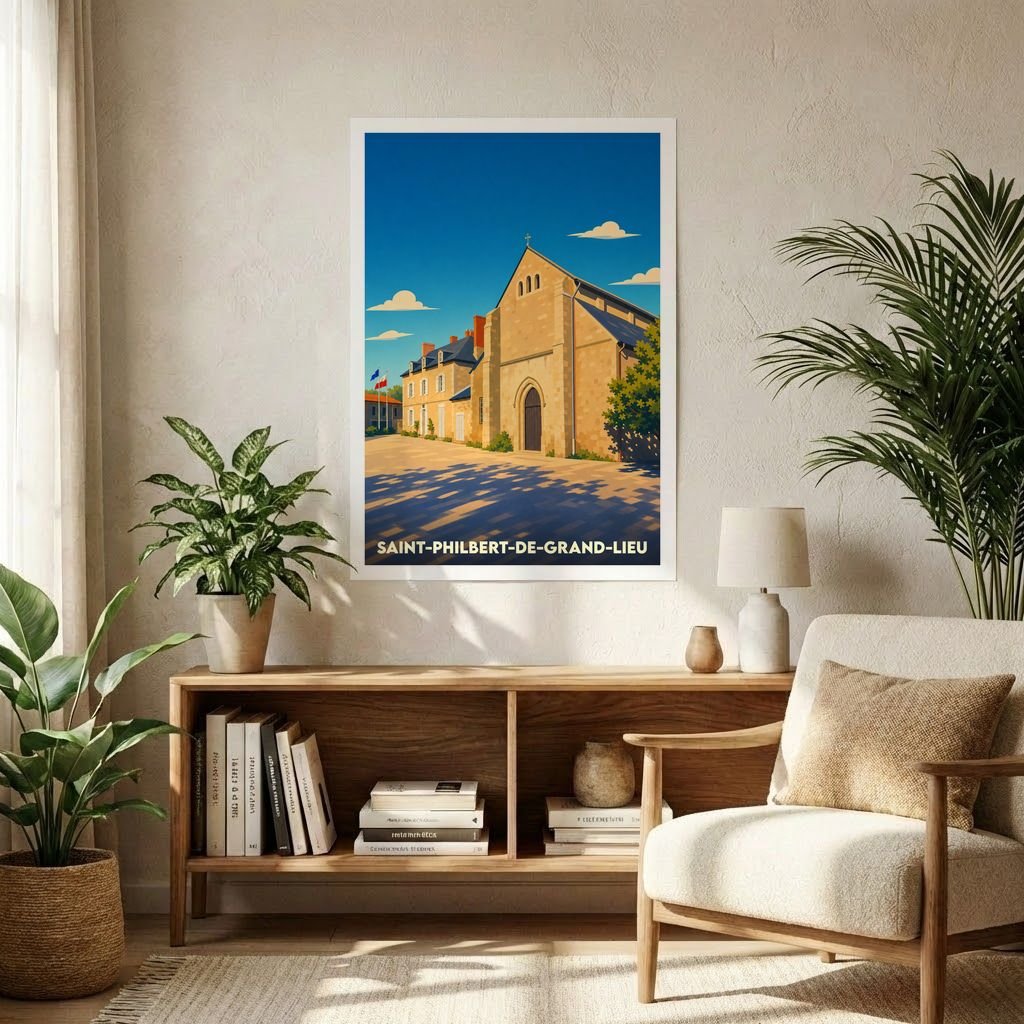 Affiche souvenir de la ville de Saint-Philbert-de-Grand-Lieu avec une illustration stylisée de son abbatiale.