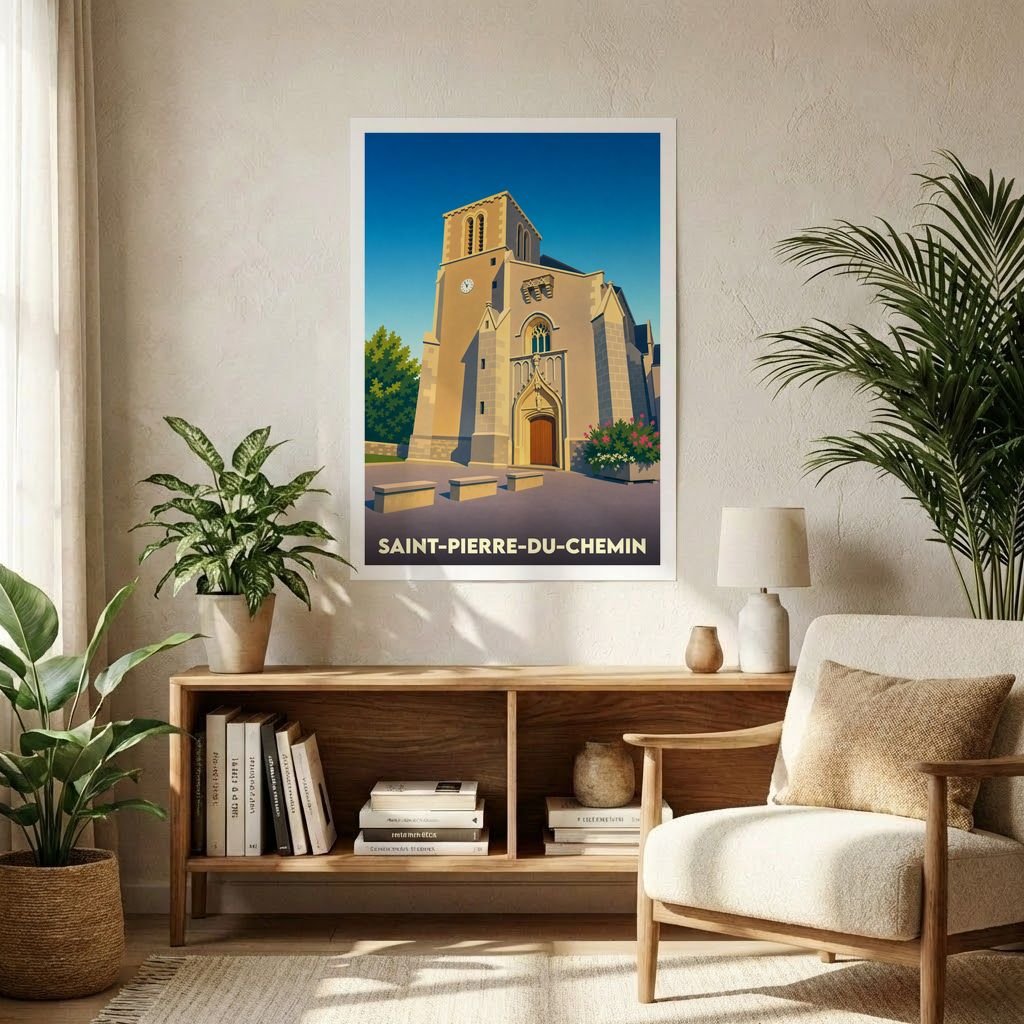 Affiche souvenir de la ville de Saint-Pierre-du-Chemin avec une illustration stylisée de son église sous un ciel bleu.