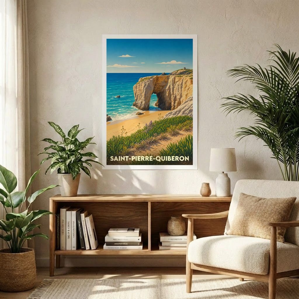 Affiche souvenir de la ville de Saint-Pierre-Quiberon représentant une illustration stylisée de la côte sauvage et de ses falaises.