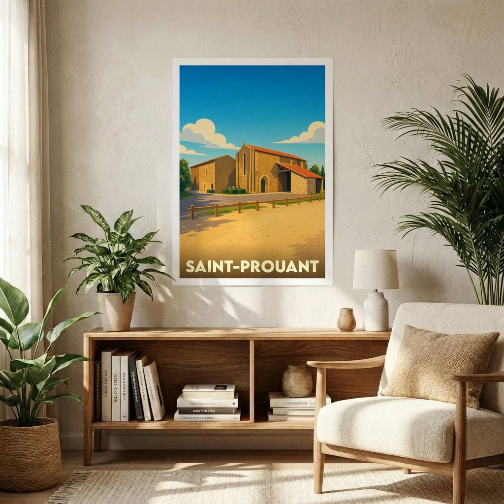 Affiche souvenir de la ville de Saint-Prouant avec une illustration stylisée d'un bâtiment historique sous un ciel bleu.