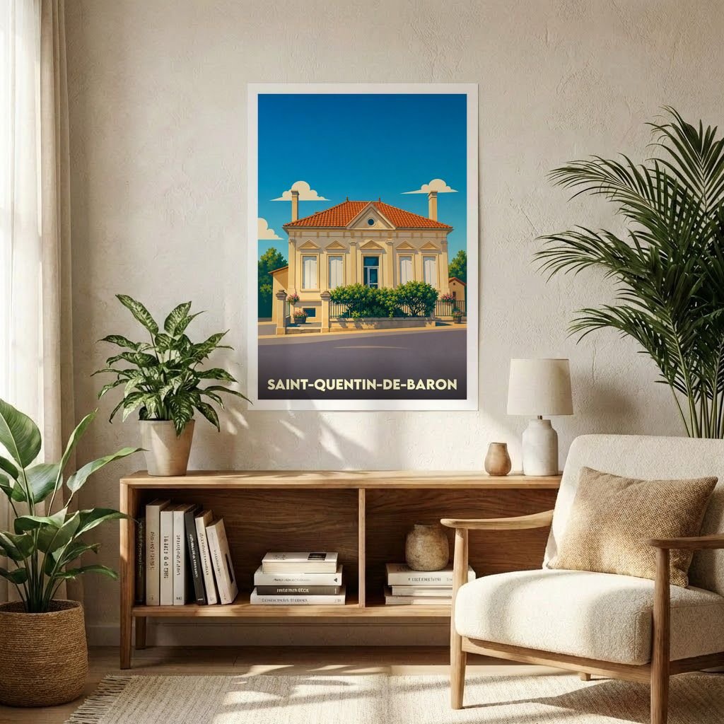 Affiche de format A1 de la ville de Saint-Quentin-de-Baron avec une illustration stylisée d'une maison de maître sous un ciel bleu.