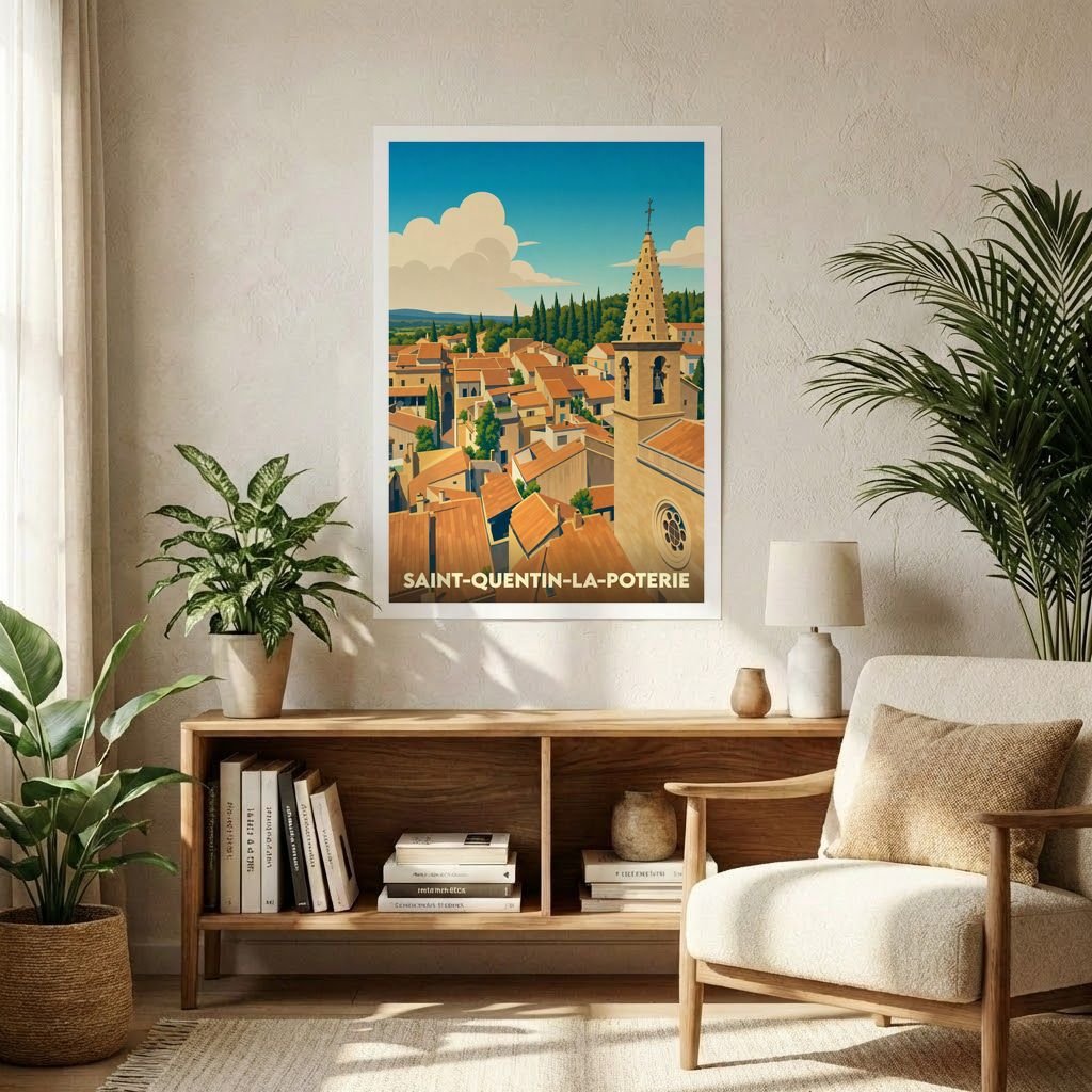 Affiche souvenir de la ville de Saint-Quentin-la-Poterie avec une illustration stylisée de ses toits provençaux et de son clocher.