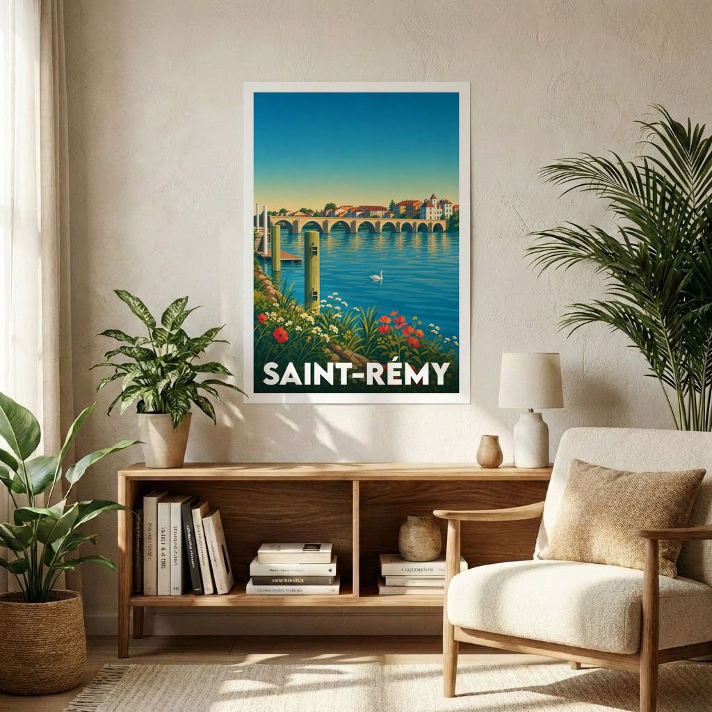 Affiche souvenir de la ville de Saint-Rémy avec une illustration stylisée d'un pont et d'un plan d'eau.