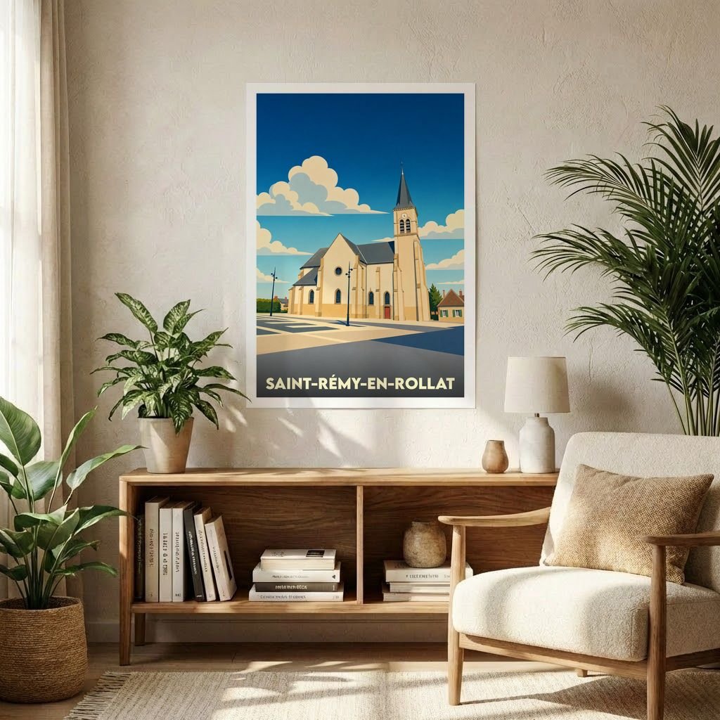 Affiche souvenir de la ville de Saint-Rémy-en-Rollat avec une illustration stylisée de son église sous un ciel azur.