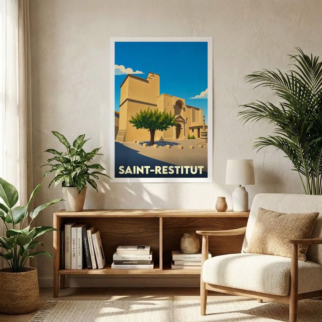 Affiche souvenir de la ville de Saint-Restitut avec une illustration stylisée de son église romane.
