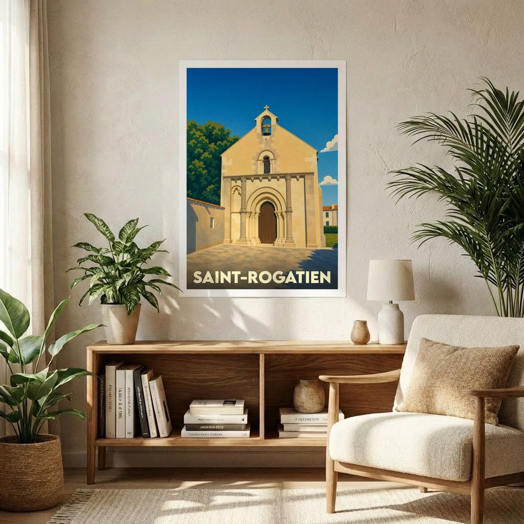 Affiche souvenir de la ville de Saint-Rogatien présentant une illustration stylisée de son église romane sous un ciel bleu.