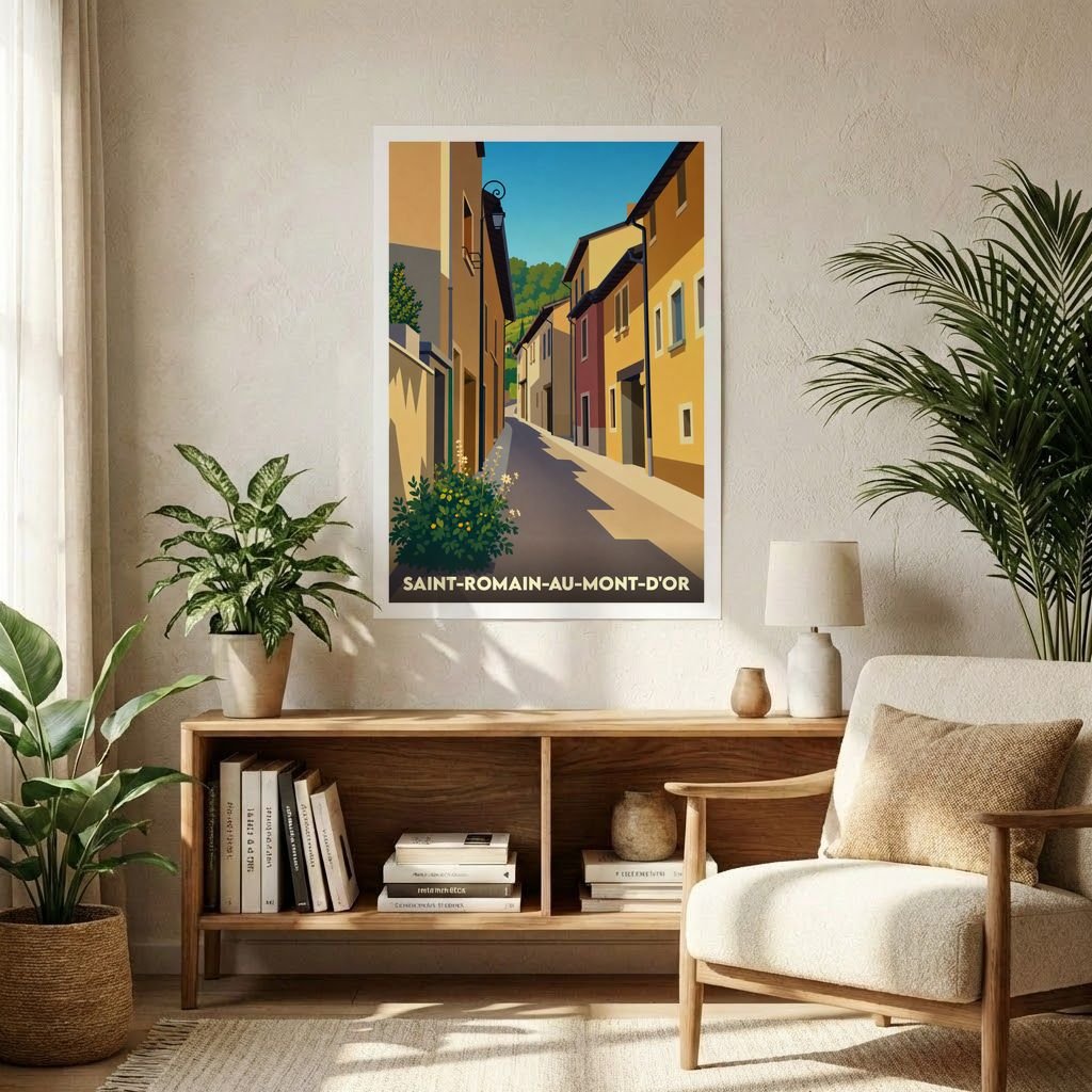 Affiche souvenir de la ville de Saint-Romain-au-Mont-d'Or illustrant une ruelle pittoresque dans un style graphique épuré.