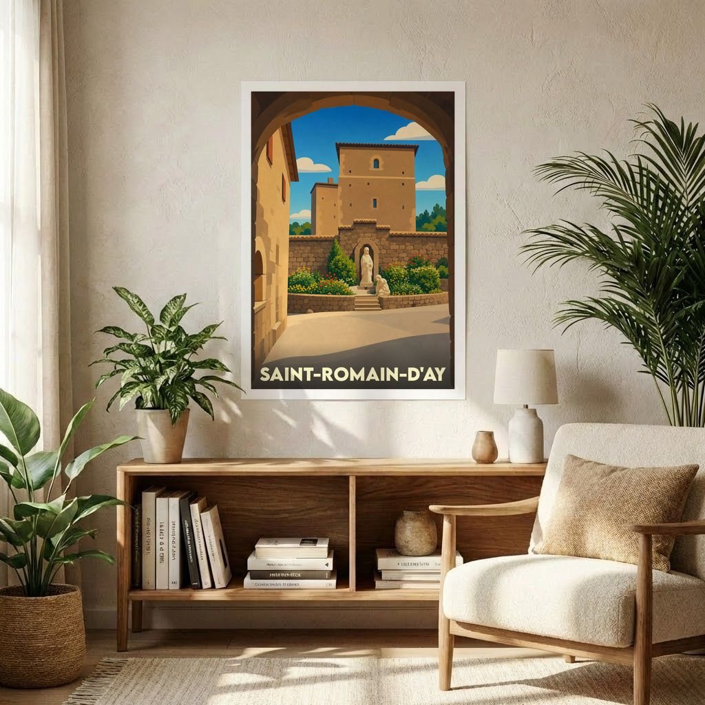 Affiche souvenir de la ville de Saint-Romain-d'Ay avec une illustration stylisée.