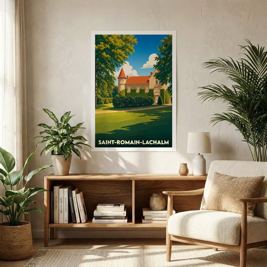 Affiche souvenir de la ville de Saint-Romain-Lachalm avec une illustration stylisée d'un château dans un parc verdoyant.