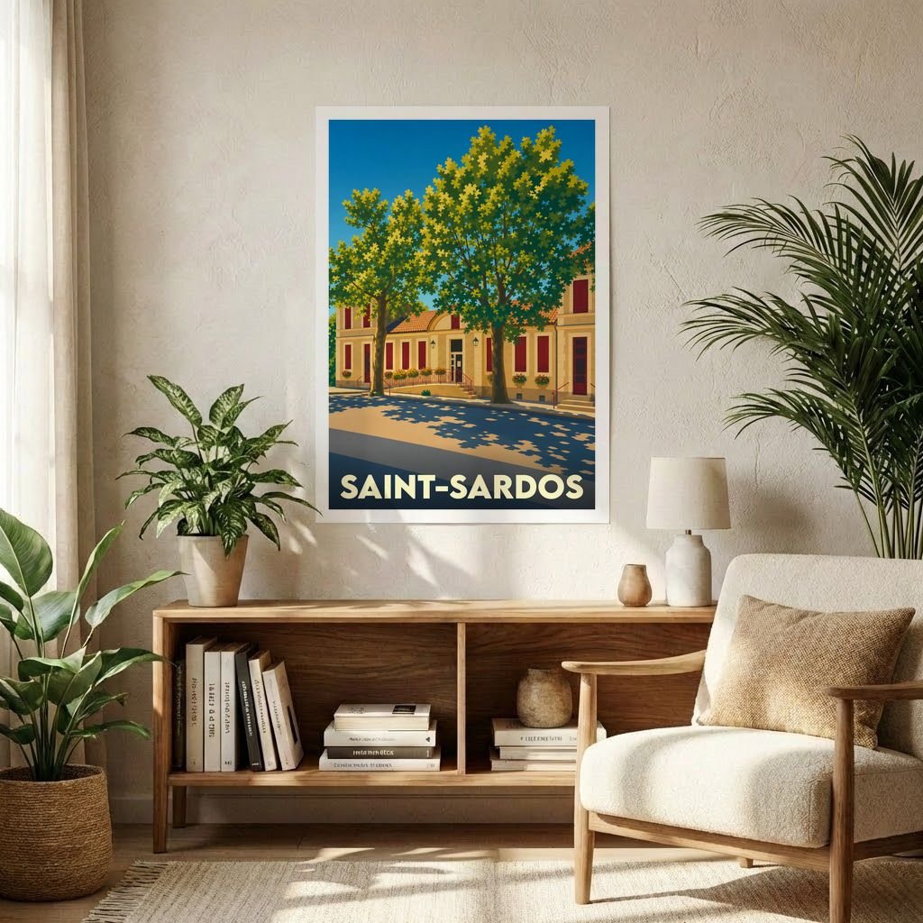Affiche décorative de la ville de Saint-Sardos avec une illustration de style vintage.