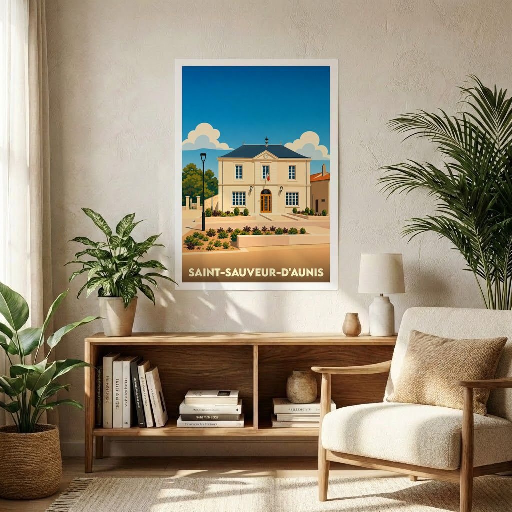 Affiche souvenir de la ville de Saint-Sauveur-d'Aunis avec une illustration stylisée de sa mairie.