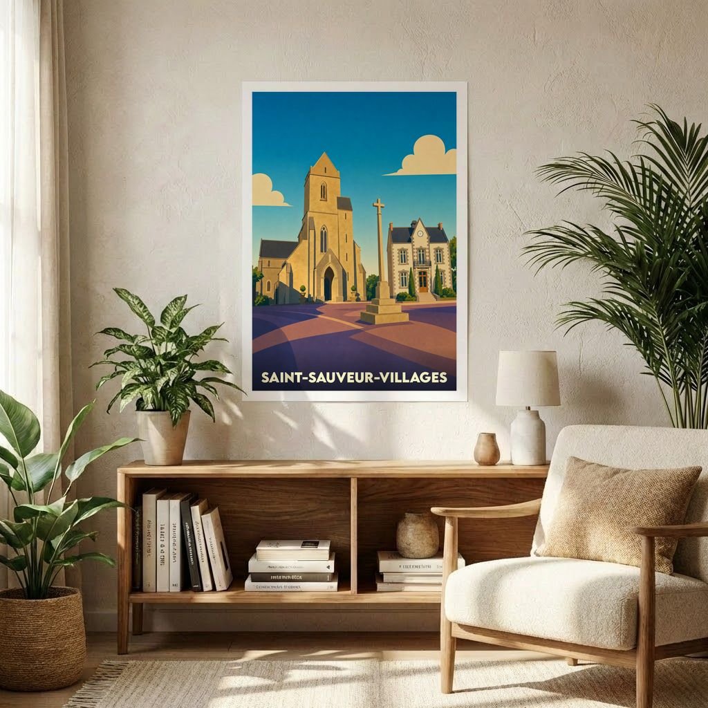 Affiche souvenir de la ville de Saint-Sauveur-Villages avec une illustration stylisée.