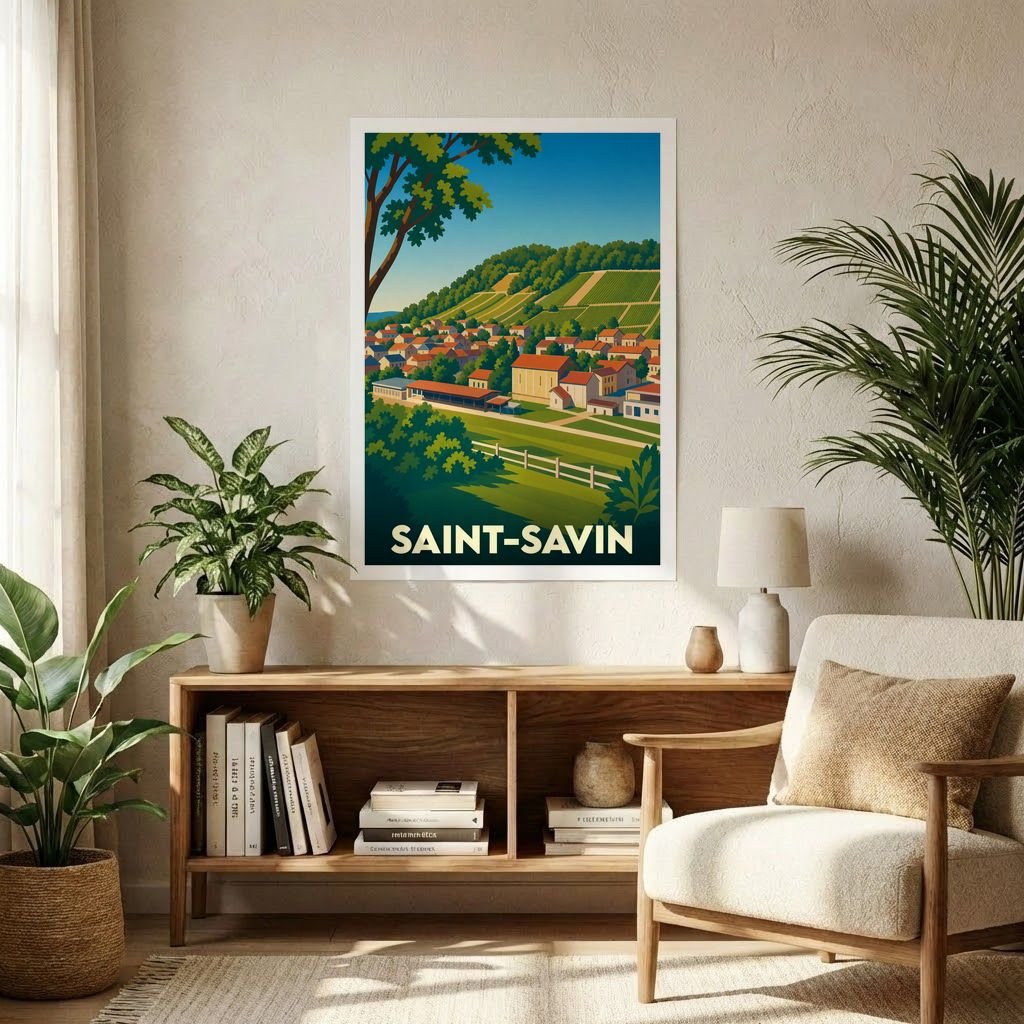 Affiche souvenir de la ville de Saint-Savin avec une illustration de paysage coloré et stylisé.