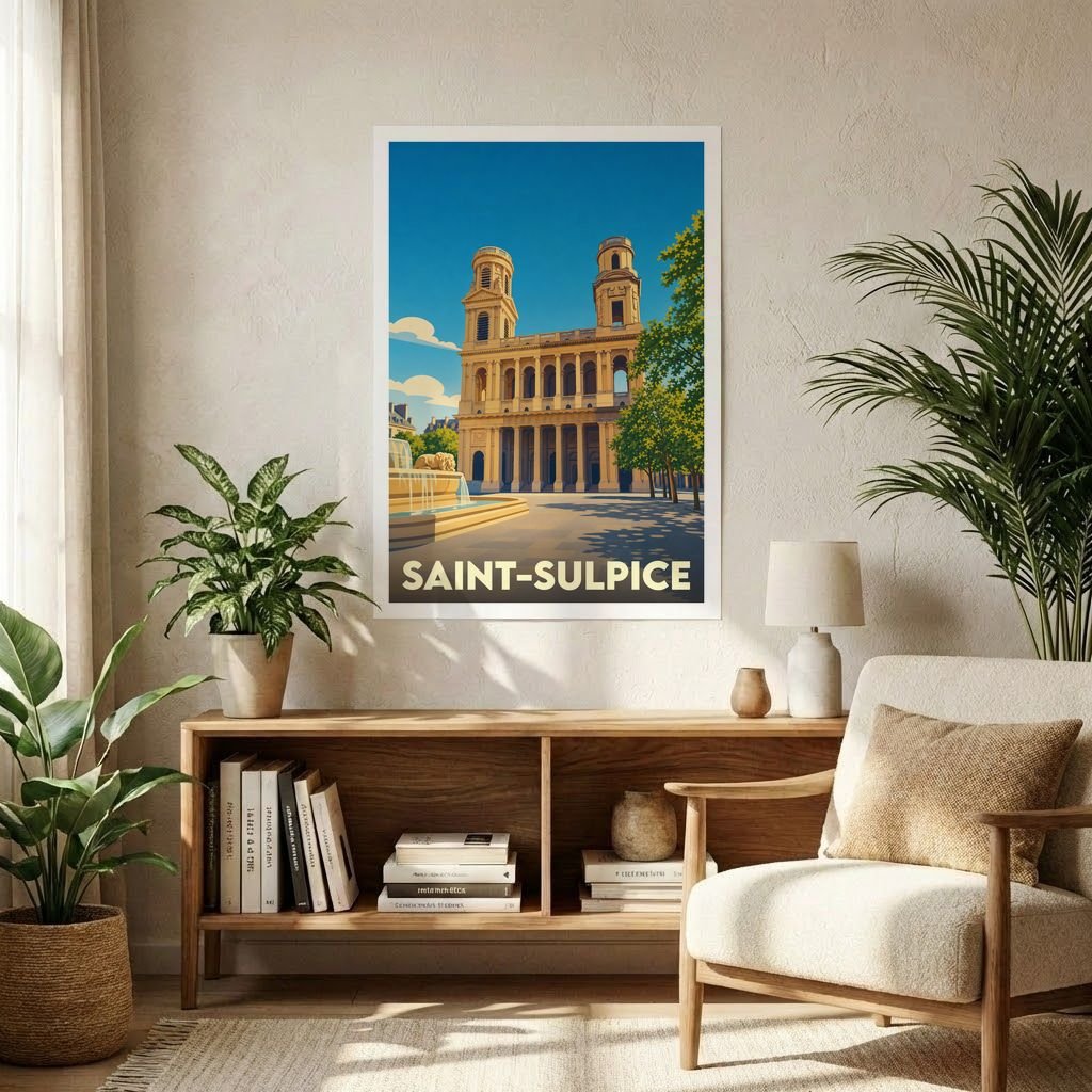 Affiche souvenir de la ville de Saint-Sulpice avec une illustration stylisée de son église emblématique.