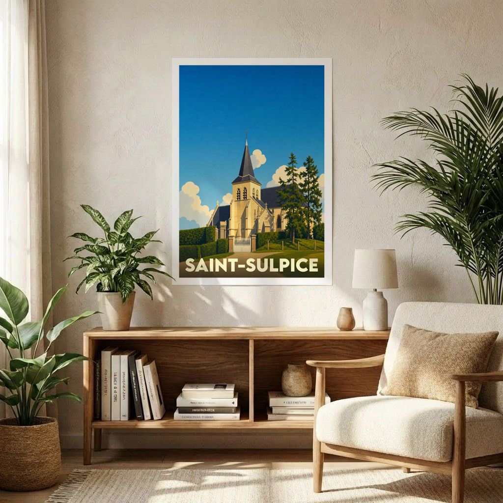 Affiche souvenir de la ville de Saint-Sulpice avec une illustration stylisée d'une église sous un ciel bleu.