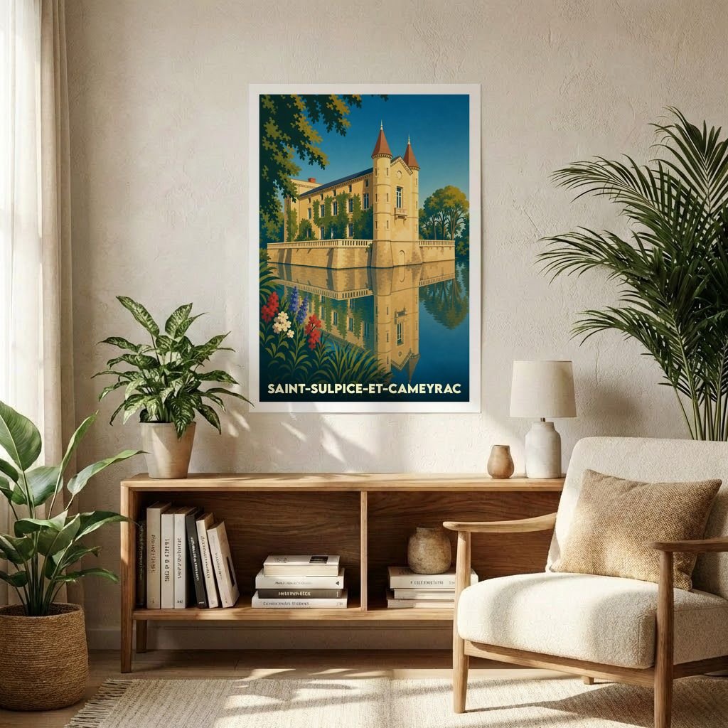 Affiche souvenir de la ville de Saint-Sulpice-et-Cameyrac illustrant un château se reflétant dans l'eau.