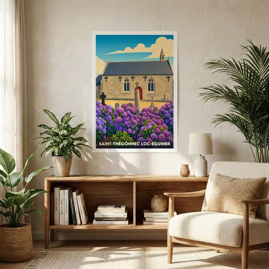 Affiche souvenir de la ville de Saint-Thégonnec Loc-Eguiner représentant son église et des hortensias dans un style graphique coloré.