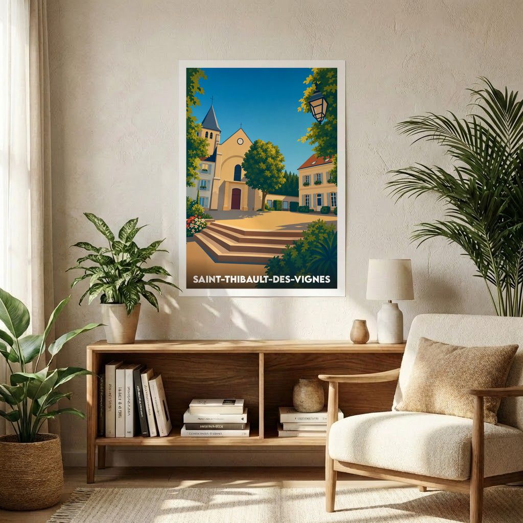 Affiche souvenir de la ville de Saint-Thibault-des-Vignes avec une illustration stylisée de son église et de sa place.