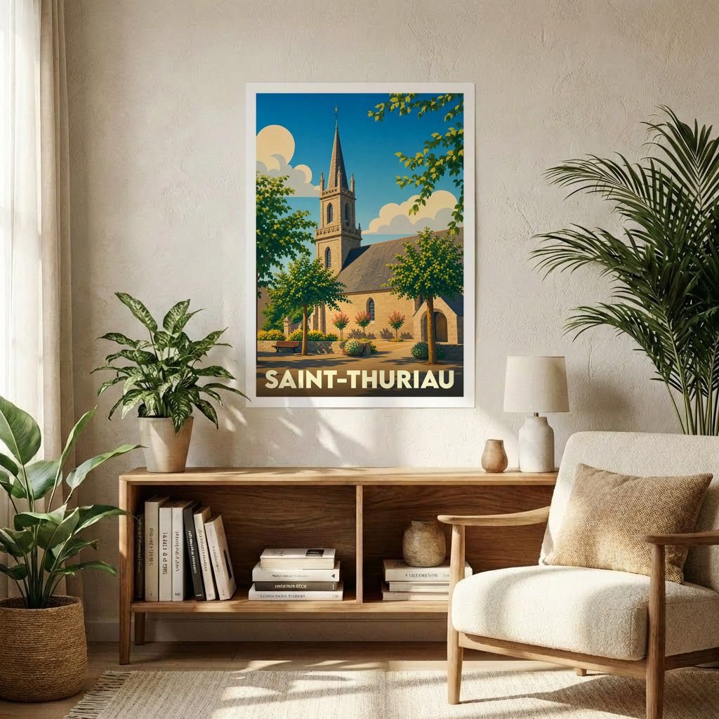 Affiche souvenir de la ville de Saint-Thuriau avec une illustration stylisée de son église.