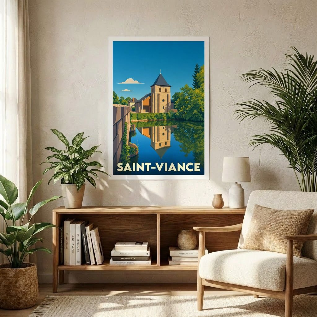Affiche souvenir de la ville de Saint-Viance avec une illustration stylisée d'une église se reflétant dans l'eau.