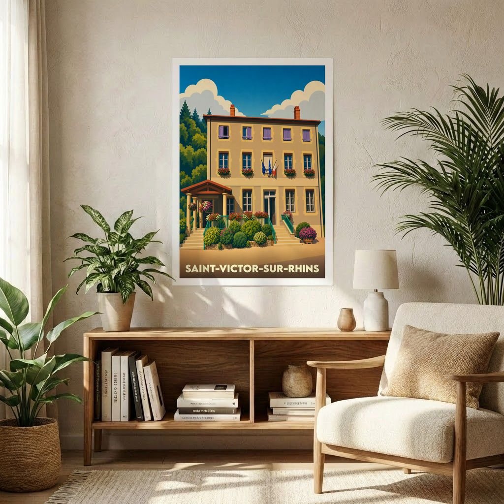 Affiche souvenir de la ville de Saint-Victor-sur-Rhins avec une illustration stylisée.