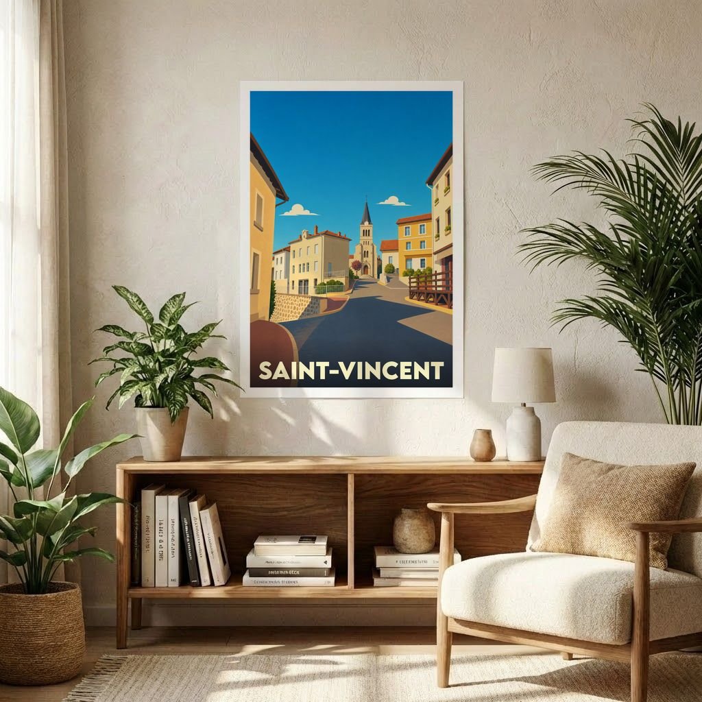 Affiche souvenir de la ville de Saint-Vincent avec une illustration stylisée d'une rue ensoleillée menant à un clocher.